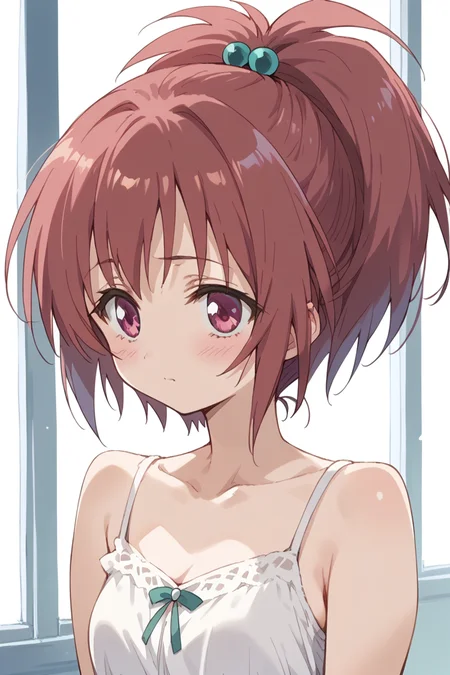 score_9, score_8_up, score_7_up, score_6_up,
<lora:Nagisa_Aoi:1> nagisa, 1girl, hair ornament, blush, ponytail, solo, red hair, pink eyes, short hair, camisole, hair bobbles
