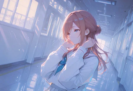 School uniform,school hallway, Tokidoki Bosotto Russia-go De Dereru Tonari No Alya-san anime style, ma1ma1helmes_b_illu, 1girl, gakumas, rinami, klskx, 748cmstyle, dutch angle, close-up, BREAK styling pose, fashion pose, bloom, soft lighting, BREAK perfect details, masterpiece, best quality, ultra-detailed, best illustration, high resolution, extremely detailed CG, unity 8k wallpaper, super detailed skin, perfect anatomy, detailed, cinematic lighting, dynamic lighting, light particles, abstract, beautiful detailed eyes, absurdres, very aesthetic, detailed background, depth of field