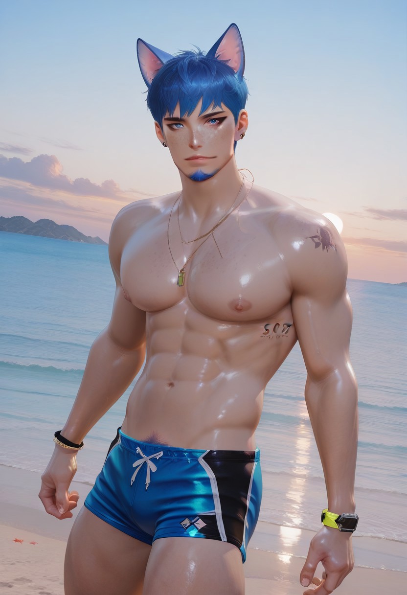 score_9, score_8_up, score_7_up, 1boy, solo, male focus, Feng, man, handsome male, blue hair, short hair, blue eyes, black eyeliner, freckles, piercings, short beard, earrings, toned body, athletic physique, cat ears, young man, dynamic angle, looking at viewer, stunning handsome male model, big pecs, round nipples, slim waist, sexy v-line, pubic hair, gym shorts, slim muscular, gay, homoerotic, confident, abs, pecs, nipples, v-line, pubic hair, outdoors, beach, golden hour, elegant atmosphere, high quality, realistic, hd render,