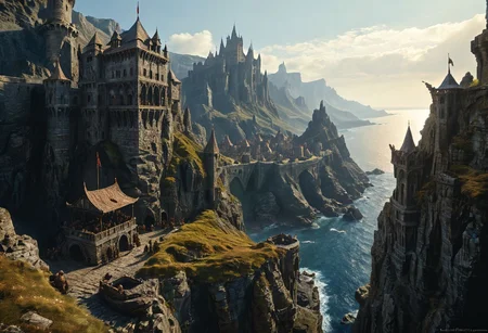 extremely detailed, hero shot, high detail, hires textures, incredibly detailed, intricate details, intricate diorama, masterpiece, outstanding intricacies, photorealism, true masterpiece, cliff background, pleasant, Stately, ( dnd fantasy, a group of humans and elves and dwarves in the foreground in a fantasy world, castle fortress on distant cliffside), with fantasy antiquity-ships in the far-distant background near horizon