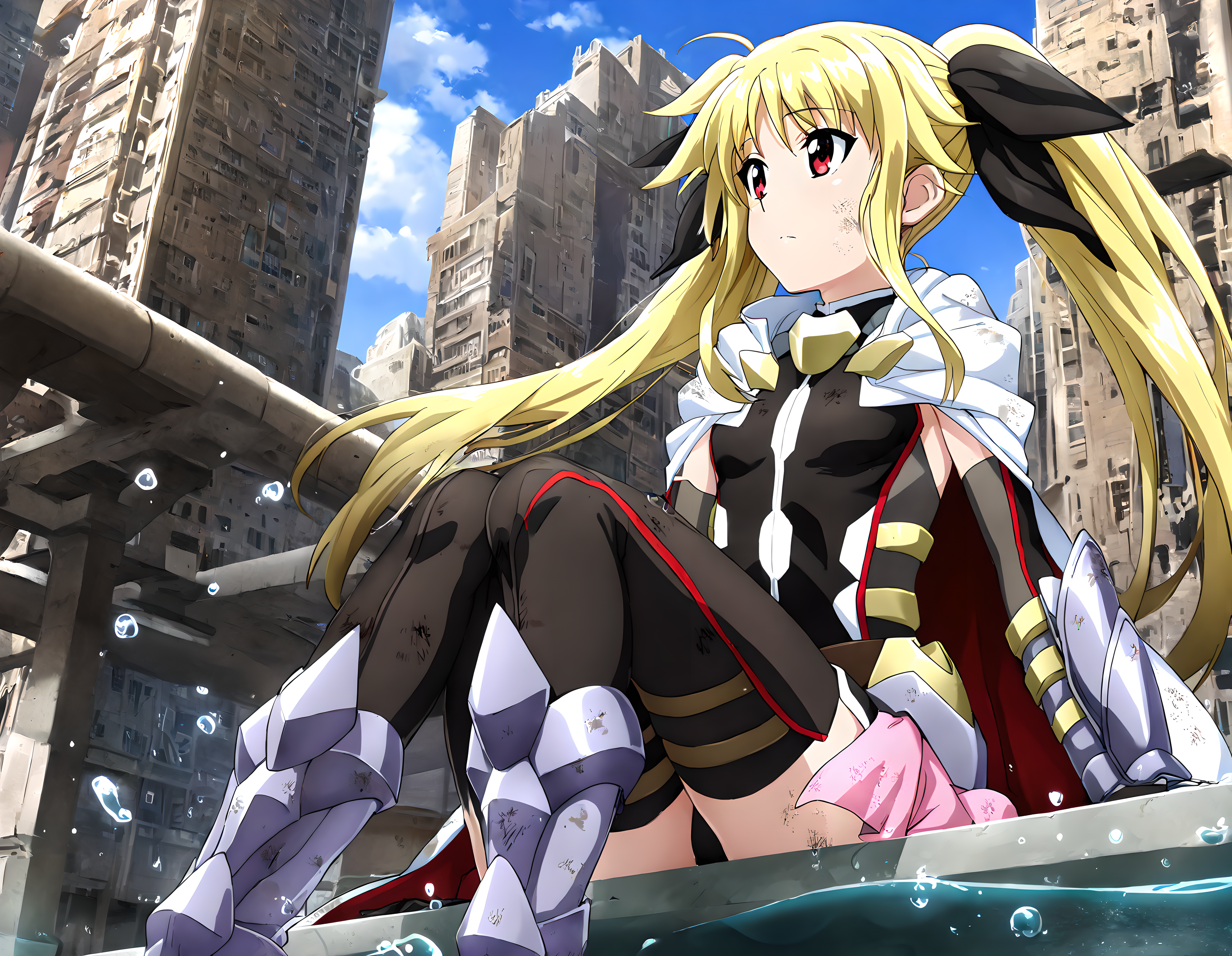 <lora:illustrious_XL_fate_v2:0.9>,fate,masterpiece,best quality,good quality,1girl,solo,white cape,black dress,belt,gauntlets,black gloves,elbow gloves,pink showgirl skirt,dirty_clothes,day,sky,water surface,a submerged city,sitting,knees_together_feet_apart,upper_body,from_below,