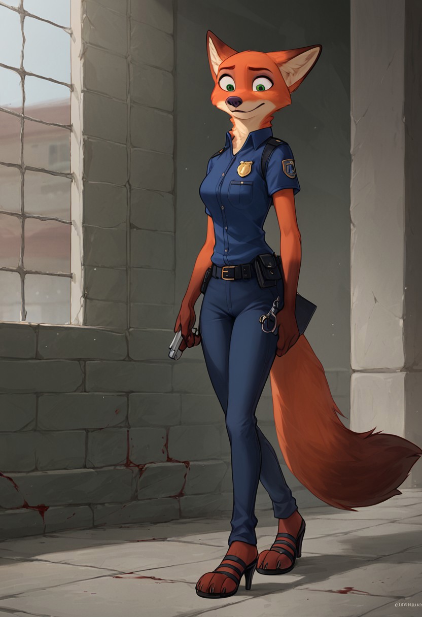 score_9, score_8_up, score_7_up,
((best quality)), absurdres,
<lora:NickWildePXL:1>  NickWildePXL, slim figure, anthro, female, 1girl, woman nakeup, 
full body, Police unifor,shoes pink sandals high heels open toes,macro,gigants,fetish, (RPD logo), holding pistol with both hands, walking, scared
<lora:Smooth Anime Style LoRA XL:0.7> Smooth, Anime, <lora:Expressive_H:1> Expressiveh,
dark police station, ruined walls, flickering lights, blood stained wall, broken window