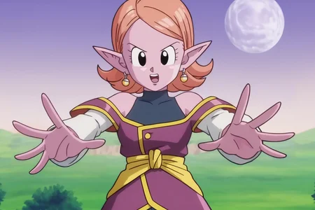source_anime, score_9, score_8_up, score_7_up, anime screencap,8k, absurdres, chronoa, 1girl, solo, looking at viewer, open mouth, bare shoulders, potara earrings, pointy ears, black eyes, colored skin, moon, outstretched hand, palms, purple skin, orange hair, yellow sash, white sleeves, v-shaped eyebrows, sleeveless turtleneck leotard, small breasts, Sacred World of the Kai, purple tunic, teeth, kai tunic, off shoulder, eyelashes, detached sleeves, collarbone, blue leotard, blue pants,
<lora:chronoa_pony_v2:0.8>
