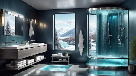 Award-winning modern furniture and lighting in a cs-m3tal-ok_v03-1600 futuristic shower room. cool color palette. A large window has a view of a magnificent winter river cascades outside. Very detailed, intricate, photorealistic, crisp edges.