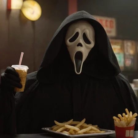cinematic film still of <lora:Chiaroscuro Lighting Style:1> Chiaroscuro Lighting Style
<lora:Ghostface:1>
Ghostface a person in a ghost mask eating a sandwich in a fast food restaurant,scream horror movie style,solo,gloves,1boy,holding,sitting,male focus,food,black gloves,hood,cup,mask,eating,table,holding food,hood up,tray,drinking straw,disposable cup,burger,black cloak,french fries , realistic, sharp, detailed, classic, 1990's, horror, photography, artistic, crazy, shallow depth of field, vignette, highly detailed, high budget, bokeh, cinemascope, moody, epic, gorgeous, film grain, grainy