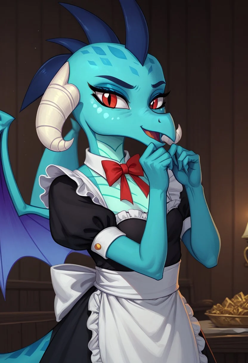 safe_pos, score_9, score_8_up, score_7_up,   my little pony,a royal luxury room, all decorated with wood, a double bed, decorated with gold elements, a solo, maid's costume, an embarrassed  , Princess Ember, red eyes, slit pupils ,no humans, blue scales, dragon girl,  anthro ,(face laughing:1.3), wiping dust from the nightstand,