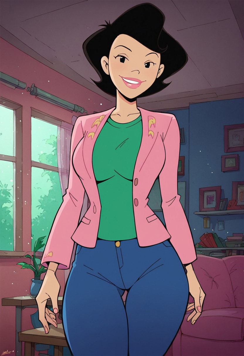 score_9, score_8_up, score_7_up, score_6_up, score_7_up, source_cartoon,BREAK, 1girl, susanlongv1, looking at viewer, pink lips, smile, black hair, black eyes, mature female, large breasts, curvy, squinting, green shirt,pink blazer,blue jeans, in the livingroom,evening, volumetric lighting, light particles