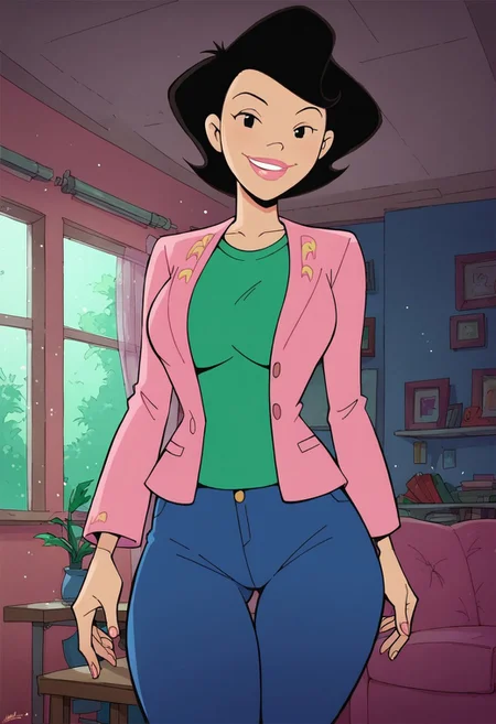 score_9, score_8_up, score_7_up, score_6_up, score_7_up, source_cartoon,BREAK, 1girl, susanlongv1, looking at viewer, pink lips, smile, black hair, black eyes, mature female, large breasts, curvy, squinting, green shirt,pink blazer,blue jeans, in the livingroom,evening, volumetric lighting, light particles