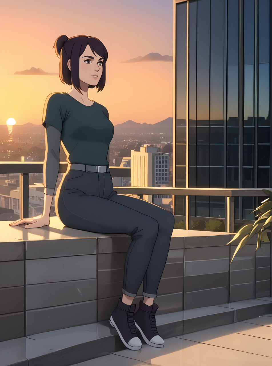 <lora:maddiekpxl:1>, maddiekpxl ,1girl, sitting on ledge of building, sunset, cartoon,