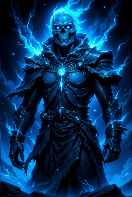 A spectral and eerie figure dominates the image, shrouded in an ethereal aura of icy blues and luminous light. This skeletal sorcerer exudes an otherworldly presence, its form wrapped in tattered robes that ripple and dissolve into mist as though consumed by an eternal frost. The armor beneath the decayed fabric glimmers with a metallic sheen, its surface adorned with intricate patterns of arcane design. The centerpiece is a glowing amulet embedded in the chest, radiating a cold, bluish energy that pulses outward, casting shifting light across the surrounding haze. The skull of the figure is crowned with a jagged, ceremonial headpiece that appears ancient, its sharp edges illuminated by a spectral glow. The empty eye sockets blaze with an intense, piercing light, as if harboring the icy flames of undeath. Strands of energy coil around its bony hands, hinting at the destructive magic it commands. Each bone is finely detailed, with cracks and engravings suggesting the weight of time and dark enchantments. The background is a swirling abyss of frosty winds and glowing particles, rendered in deep, celestial blues that evoke a void-like expanse. Wisps of light and frozen mist flow around the figure, amplifying its ghostly presence. The texture of the image is richly layered, blending sharp, defined edges on the armor and skull with painterly strokes in the robes and mist, giving it a surreal, dreamlike quality. The glowing effects, reminiscent of magical frost and shimmering stars, elevate the figure to one of spectral majesty and dread.
<lora:FLUX_Bioluminescent_Concept:1.0> bo-bioluminescent. <lora:Midjourney_-_SemiReal_Dreams_FLUX_LoRA:0.6> <lora:Dark_Gothic_Comic_style_v.2:0.95> DGC style.