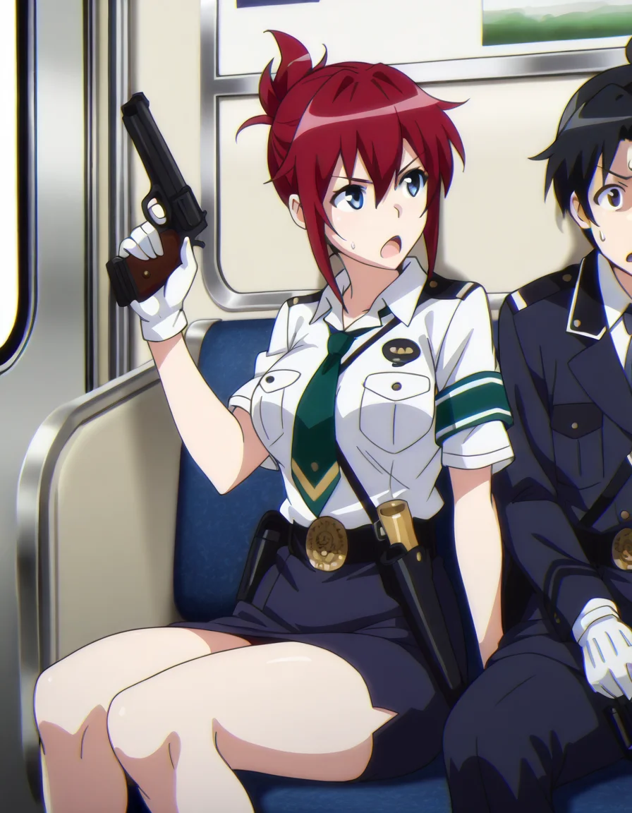<lora:sakurai-aoi-illustrious-000003:1> sakuraiaoi, 1girl, open mouth, skirt, gloves, 1boy, naotaka, sitting, weapon, green neckwear, gun, handgun, dress shirt, train interior, sweat, masterpiece, best quality