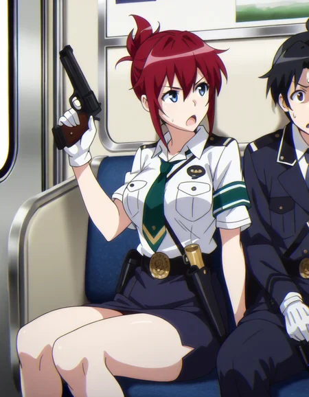 <lora:sakurai-aoi-illustrious-000003:1> sakuraiaoi, 1girl, open mouth, skirt, gloves, 1boy, naotaka, sitting, weapon, green neckwear, gun, handgun, dress shirt, train interior, sweat, masterpiece, best quality