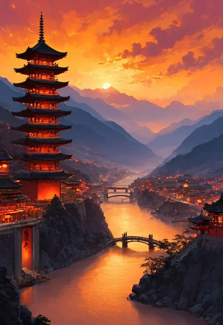 architecture, bridge, building, castle, city, city lights, cityscape, cloud, cloudy sky, dusk, east asian architecture, evening, fantasy, gate, gradient sky, horizon, house,mountain, mountainous horizon, no humans, orange sky, outdoors, pagoda, red sky, river, rooftop, scenery, sky, skyline, skyscraper, smoke, tower, twilight, waterfall, yellow sky,