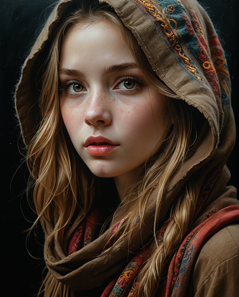 Drawing, full-length profile portrait of a girl, (Anna Dittmann), with wide hood, round face, loose hair, strands of hair covering the eyes and face, half-open lips, full lips, perfect and hyper-detailed light eyes, hair loose and messy brown, wool scarf on the head, earrings, black background, bright colors, sensuality, desire, side lighting, very high contrast, hard shadows, hyperrealistic, oil on canvas, paint strokes with a spatula, splashes
