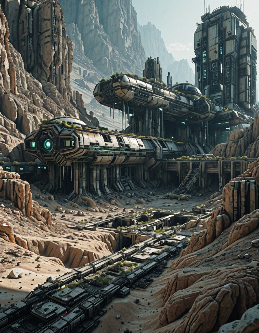 <lora:SWL_Stations1v2ill:1>  lostst1, rocky station, impressive scientific complex, abandoned, cyberpunk, science fiction, in a mountain, lights, rocky desert,