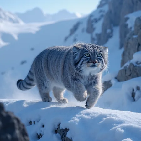 A majestic fusion of a Pallas cat and a snow leopard, with the thick, fluffy fur and piercing gaze of a Pallas cat, combined with the powerful, spotted coat and long, elegant tail of a snow leopard. Its muscular frame moves stealthily across a rugged, snow-covered mountain, eyes glowing in the cold twilight mist<lora:Animal_soph-PallasCat-FLUX:0.9>