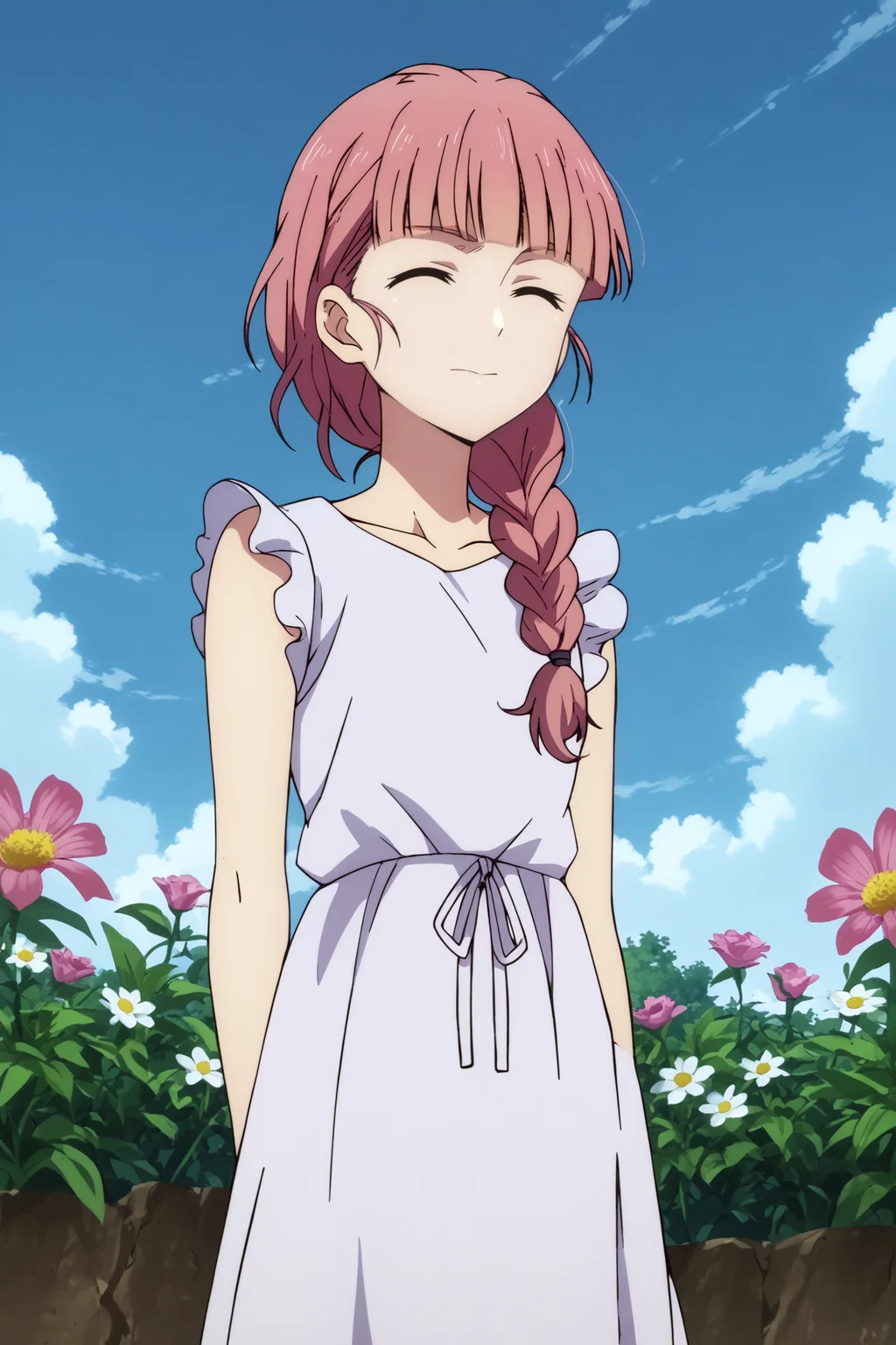  tokiko hishigata,1girl,solo,braid,hair over shoulder,long hair,bangs,blunt bangs,dress,standing,smile,closed eyes,hair behind the back,upper body  BREAK outdoors,flower,flower_field, pink flowers    <lora:Tokiko_Hishigata_-_Summer_Time_Rendering.safetensors:0.8> <lora:detailed_backgrounds_v2.safetensors:0.5>