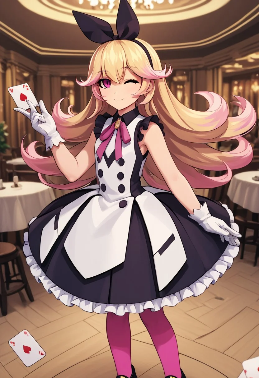score_4,score_5,score_6,score_7_up,score_8_up,score_9
((masterpiece,best quality,ultra detailed,highres,HD,4k:1.2)),
1girl,solo,
dark pink eyes, blonde hair, long hair, hairband, ribbon, multicolored hair, pink hair tips, bangs, ribbon on clothes, pink pantyhose, white gloves, gloves, sleeveless dress, frilly dress, black footwear, black shoes,
standing,Indoors, luxurious interiors,holding a playing card, smile, wink,