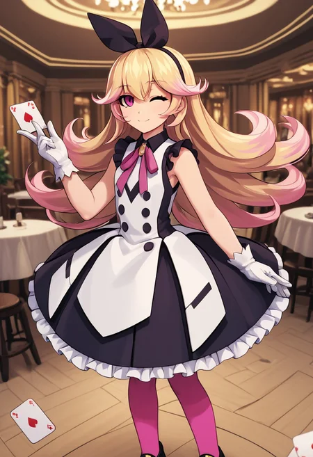 score_4,score_5,score_6,score_7_up,score_8_up,score_9
((masterpiece,best quality,ultra detailed,highres,HD,4k:1.2)),
1girl,solo,
dark pink eyes, blonde hair, long hair, hairband, ribbon, multicolored hair, pink hair tips, bangs, ribbon on clothes, pink pantyhose, white gloves, gloves, sleeveless dress, frilly dress, black footwear, black shoes,
standing,Indoors, luxurious interiors,holding a playing card, smile, wink,