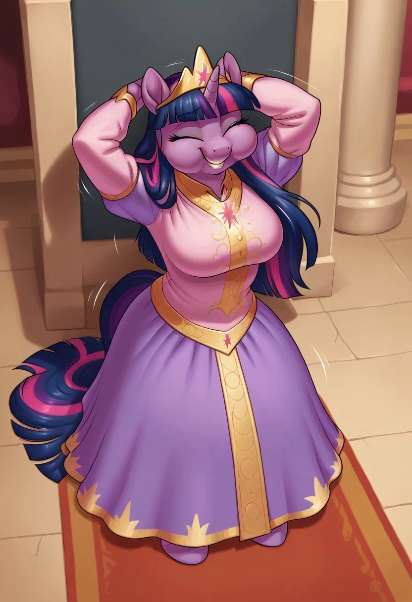 score_9, score_8_up, score_7_up, (detailed textures, digital artwork), ((palace, throne, carpet, meesh style)), (((easynegative, full body, solo))), (purple fur, female, anthro pony, Twilight Sparkle_(mlp):1.00), ((long hair, bangs, straight hair)), ((wings, unicorn, horn, pony hooves, snout, tail, ears, closed eyes, eyelashes)), ((princess outfit, golden tiara:1.30)), ((smile, full cheeks, clenched hands, hands near head, motion lines)), ((voluptuous, veins:1.25))