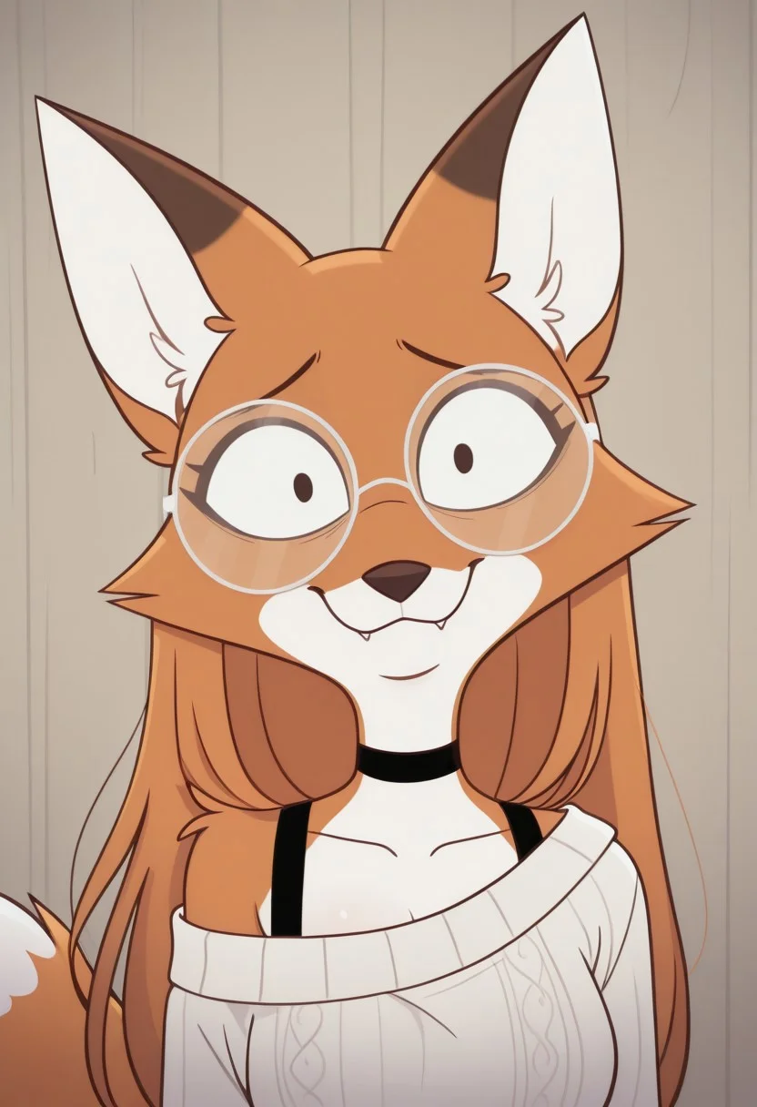 otserey, fox girl, dot_pupils, dot eyes, white_eyewear, white glasses, white-framed_eyewear, round glasses, standing, smiling, facing viewer, looking at viewer, portrait, white sweater, black straps, off shoulder, collarbone,