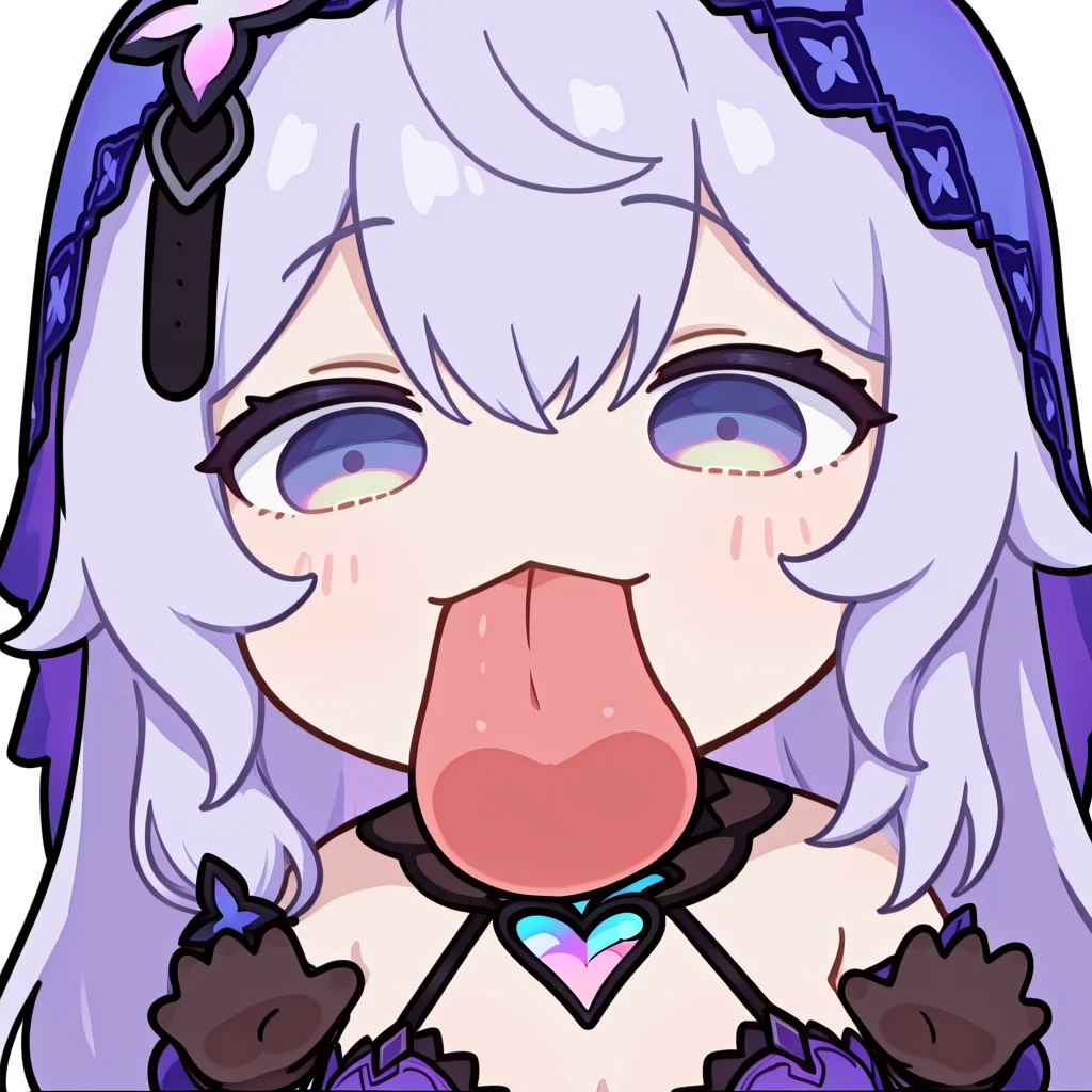 (masterpiece, high quality, amazing detail), highres, 1girl, black swan \\(honkai: star rail\\), solo, blush_sticker, licking screen, 1girl, solo, long hair, looking at viewer, simple background, white background, tongue, tongue out, chibi, :3, <lora:Chibi_licking_your_screen-10:1>