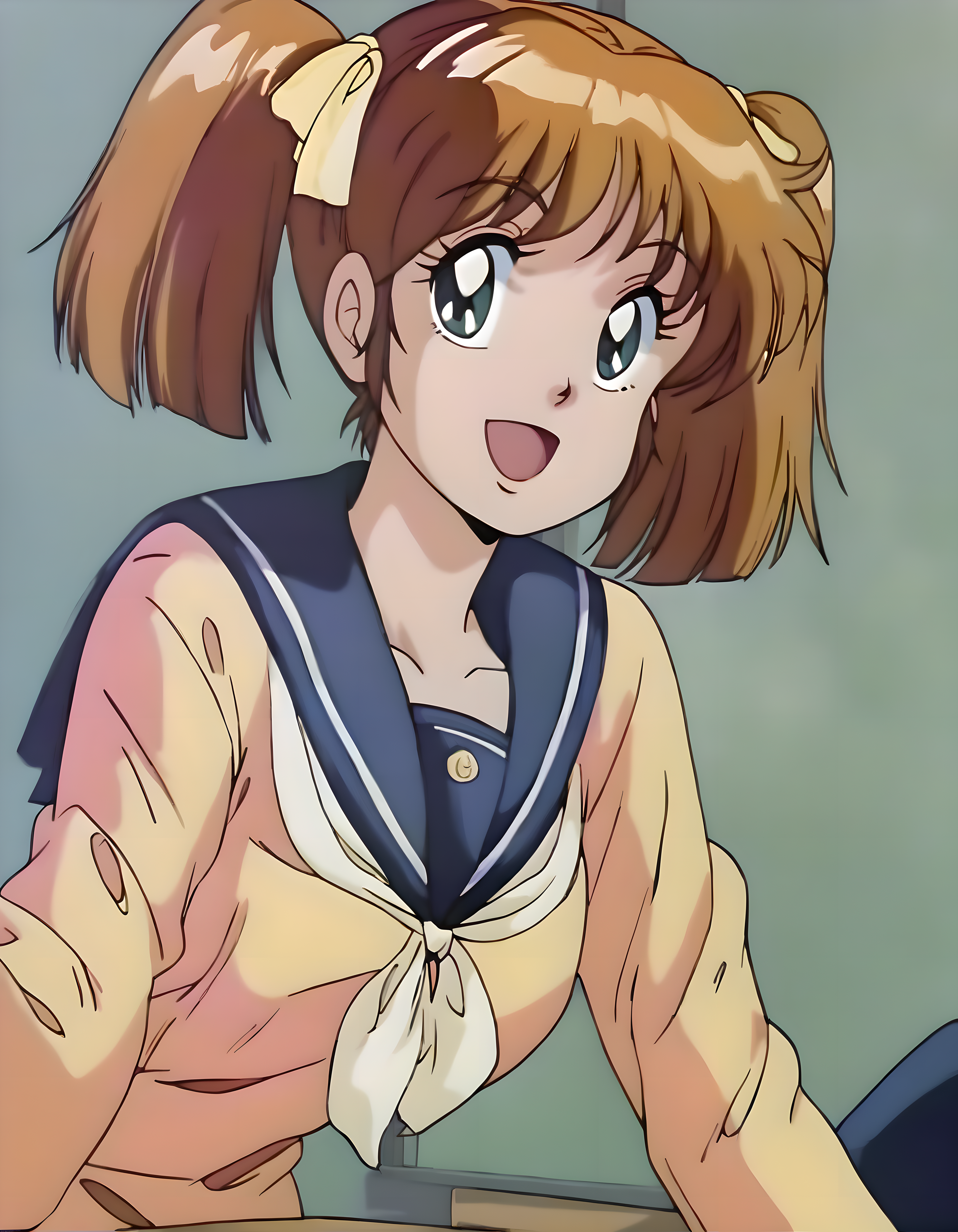 <lora:pony_xl_tomo:1>,tomo,1girl,best quality,masterpiece,super fine illustration,twintails,solo,looking at viewer,smile,open mouth,school_uniform,sailor,classroom,
