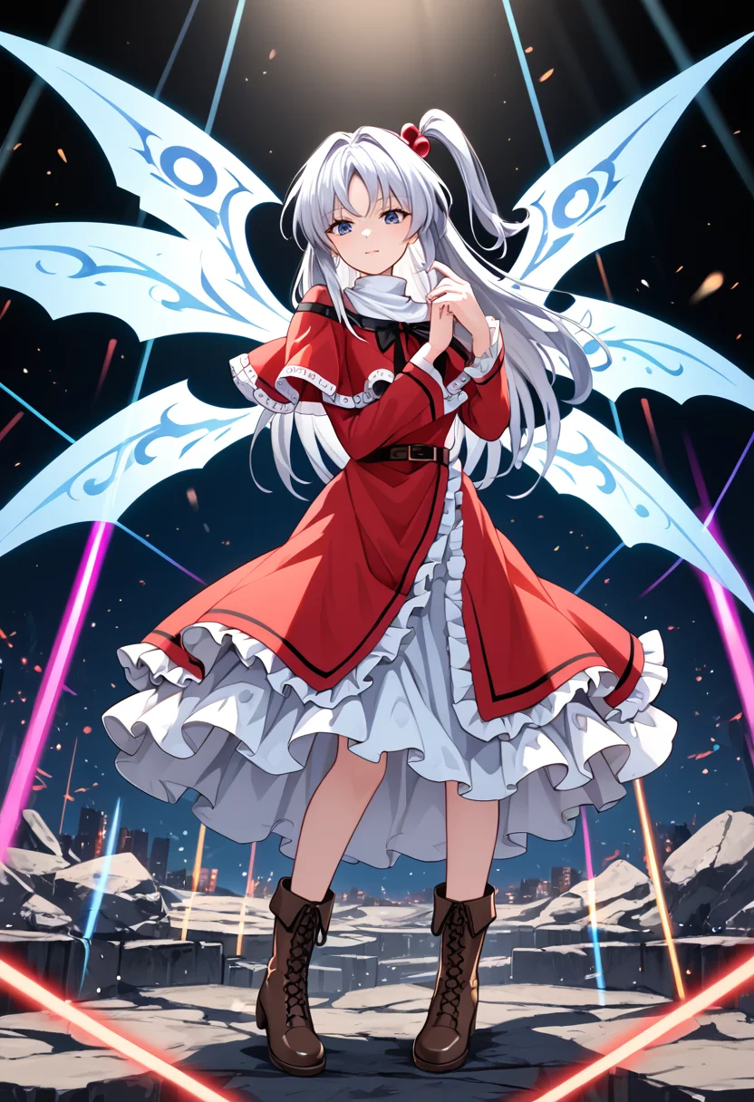 score_9_up, score_8_up, score_7_up, BREAK source_anime, (masterpiece), (best quality), 1girl, shinki (touhou), white wings, hair bobbles, hair ornament, white hair, one side up, long hair, dress, brown boots, multiple wings, red capelet, long sleeves, looking at viewer, no emotions, full body, (ultra detailed), shine, multiple color danmaku, laser from wings, colorful lights, (from front:0.6), <lora:Shinki_touhou(PC-98)-V1:1>