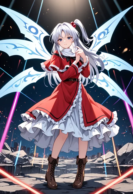 score_9_up, score_8_up, score_7_up, BREAK source_anime, (masterpiece), (best quality), 1girl, shinki (touhou), white wings, hair bobbles, hair ornament, white hair, one side up, long hair, dress, brown boots, multiple wings, red capelet, long sleeves, looking at viewer, no emotions, full body, (ultra detailed), shine, multiple color danmaku, laser from wings, colorful lights, (from front:0.6), <lora:Shinki_touhou(PC-98)-V1:1>