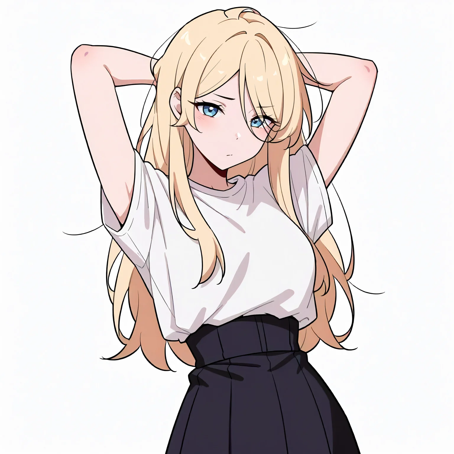<lora:style_nyanmix_styleXLIllustrious001>,
masterpiece,best quality,good quality,newest,
simple background,
looking at viewer,
nyanmix_style,1girl,blonde hair,long hair,
white shirt,high-waist_skirt,