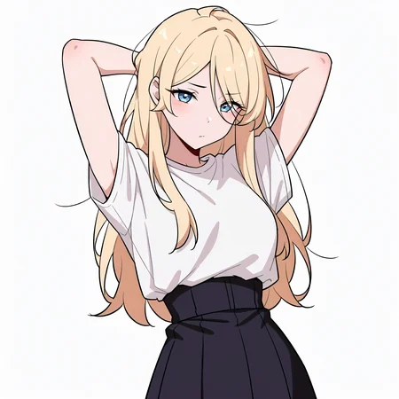 <lora:style_nyanmix_styleXLIllustrious001>,
masterpiece,best quality,good quality,newest,
simple background,
looking at viewer,
nyanmix_style,1girl,blonde hair,long hair,
white shirt,high-waist_skirt,