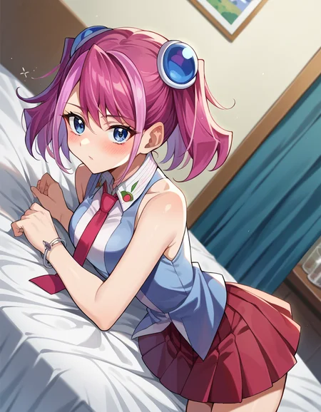 score_9, score_8_up, score_7_up, source_anime,
yuzuhiiragi, <lora:yuzu-hiiragi-ponyxl-lora-nochekaiser:1>,
yuzu hiiragi, blue eyes, hair ornament, medium hair, multicolored hair, pink hair, red hair, streaked hair, twintails,
bare arms, bracelet, collared shirt, jewelry, necktie, pleated skirt, red necktie, red skirt, shirt, skirt, sleeveless, sleeveless shirt, wing collar, two-tone shirt,
indoors, bed, bed room, on side, blush, drunk,
looking at viewer, cowboy shot, dutch angle,