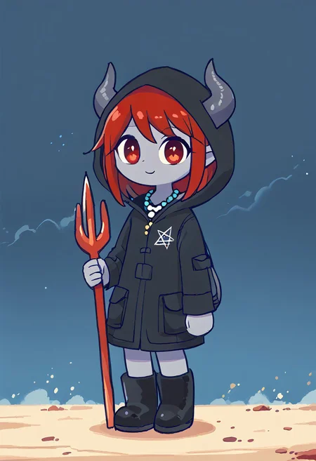 score_9, score_8_up, score_7_up, BREAK
highres, highly detailed, high resolution, high quality, 
source_anime, anime screencap, saturation, vivid colors, 
1girl, solo, luce, full body, standing, demon girl,
(dark red hair:1.2), (big dark red eyes:1.1), medium hair, cute, (grey skin:1.1), (horns:1.2), 
(black raincoat:1.1), hood, black rubber boots, 
pentagram necklace, holding one red trident, (red trident:1.2)
stkyswt,
In the style of TOK,
DSP, artist:DSP, mogeko,
pikaole,
blurry background, bokeh, city ruins background, street, dust, 
(outlines:1.2),