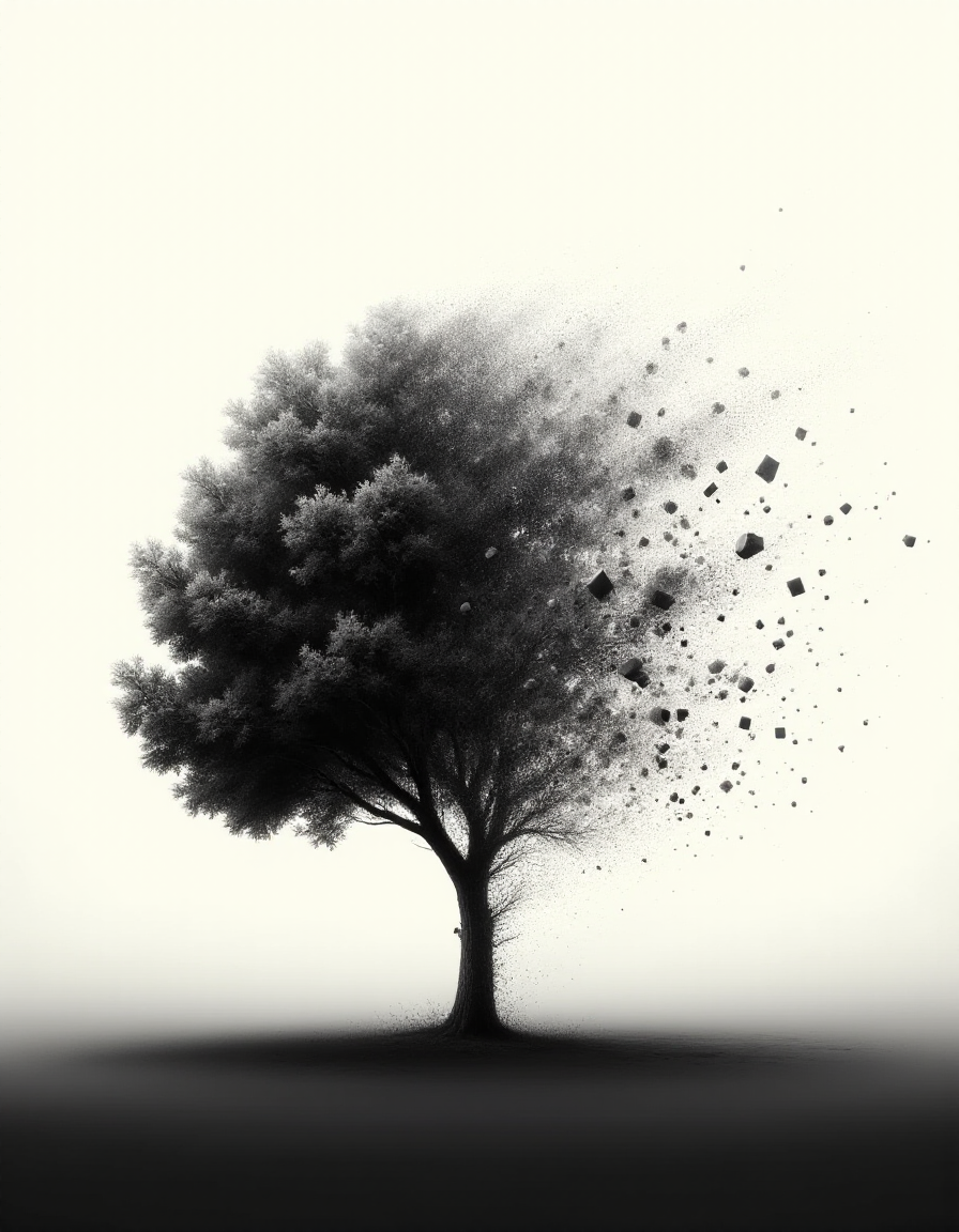 A minimalist composition featuring the stark silhouette of a solitary tree against a gradient background. In the ral-dissolve style, the solid black form of the tree begins to fragment into tiny geometric shapes and lines, which then scatter and fade into the negative space. The simplicity of the design and the controlled dissolution emphasize themes of emptiness and the transient nature of existence.
 <lora:ral-dissolve-flux_000005000:1>