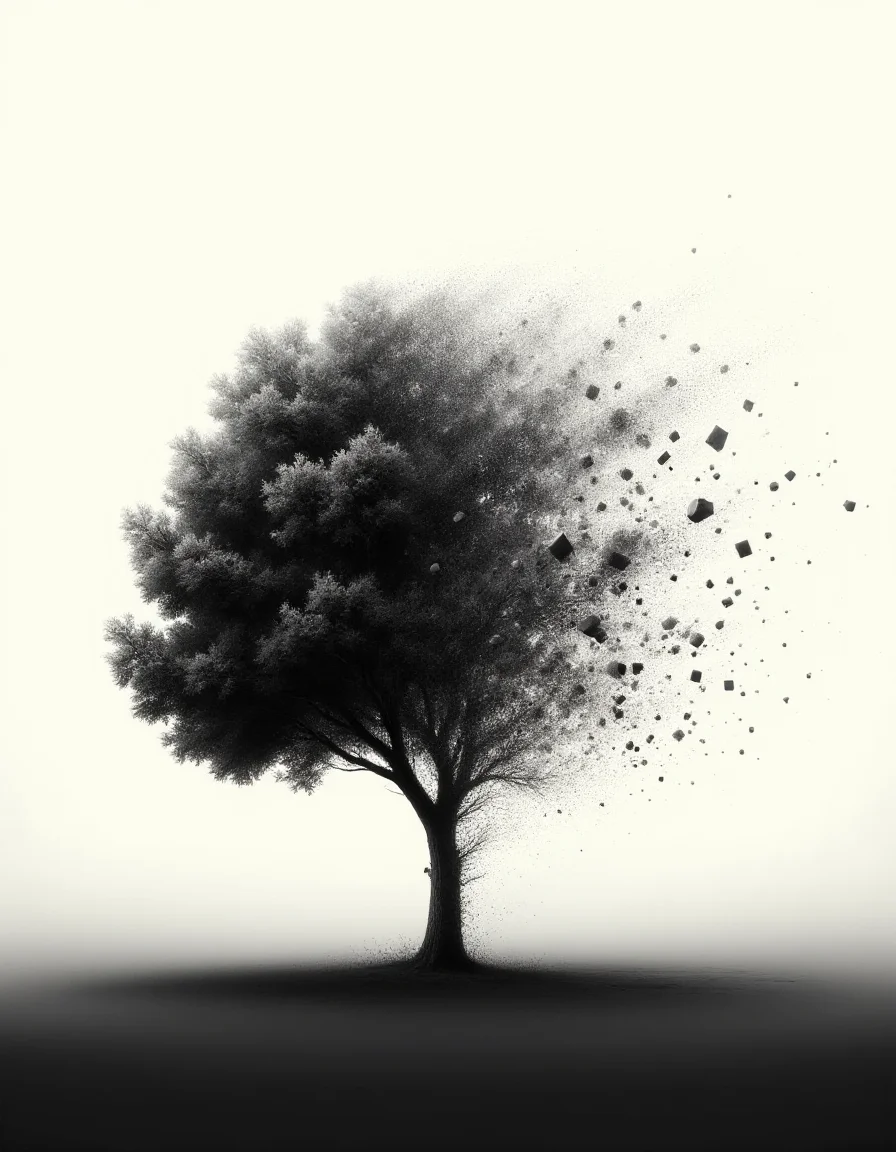 A minimalist composition featuring the stark silhouette of a solitary tree against a gradient background. In the ral-dissolve style, the solid black form of the tree begins to fragment into tiny geometric shapes and lines, which then scatter and fade into the negative space. The simplicity of the design and the controlled dissolution emphasize themes of emptiness and the transient nature of existence.
<lora:ral-dissolve-flux_000005000:1>