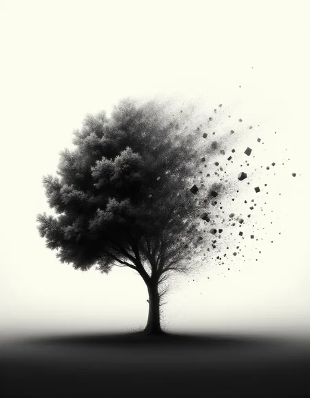 A minimalist composition featuring the stark silhouette of a solitary tree against a gradient background. In the ral-dissolve style, the solid black form of the tree begins to fragment into tiny geometric shapes and lines, which then scatter and fade into the negative space. The simplicity of the design and the controlled dissolution emphasize themes of emptiness and the transient nature of existence.
<lora:ral-dissolve-flux_000005000:1>