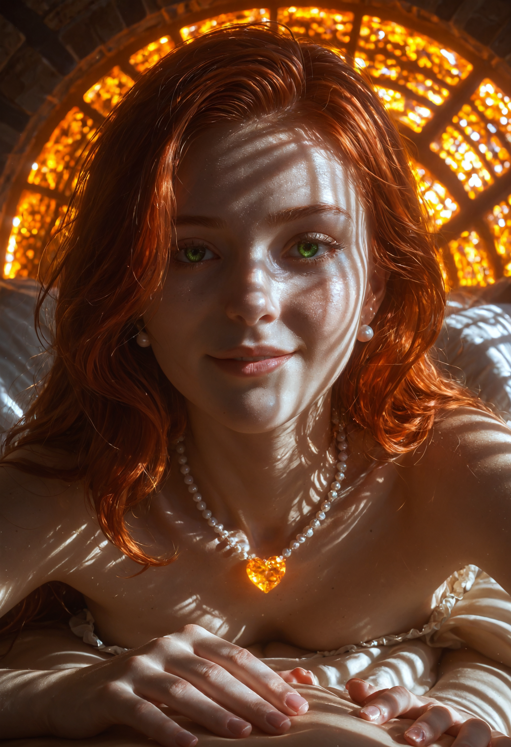 score_9, score_8_up, score_7_up, Expressiveh, EYESHD, from side, Close-up, lying, 1girl, young woman, redhead, graduated bob, angel face, smirk, green eyes, neck ruff, textured skin, white tulle prairie dress, refraction of light, orange glowing spirals on background, black textured background, ombre, Expressiveh, EYESHD, from side, Close-up, lying, 1girl, young woman, redhead, graduated bob, angel face, smirk, green eyes, neck ruff, textured skin, white tulle prairie dress, refraction of light, orange glowing spirals on background, black textured background, ombre, cinematic