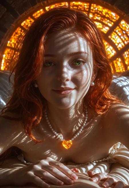 score_9, score_8_up, score_7_up, Expressiveh, EYESHD, from side, Close-up, lying, 1girl, young woman, redhead, graduated bob, angel face, smirk, green eyes, neck ruff, textured skin, white tulle prairie dress, refraction of light, orange glowing spirals on background, black textured background, ombre, Expressiveh, EYESHD, from side, Close-up, lying, 1girl, young woman, redhead, graduated bob, angel face, smirk, green eyes, neck ruff, textured skin, white tulle prairie dress, refraction of light, orange glowing spirals on background, black textured background, ombre, cinematic