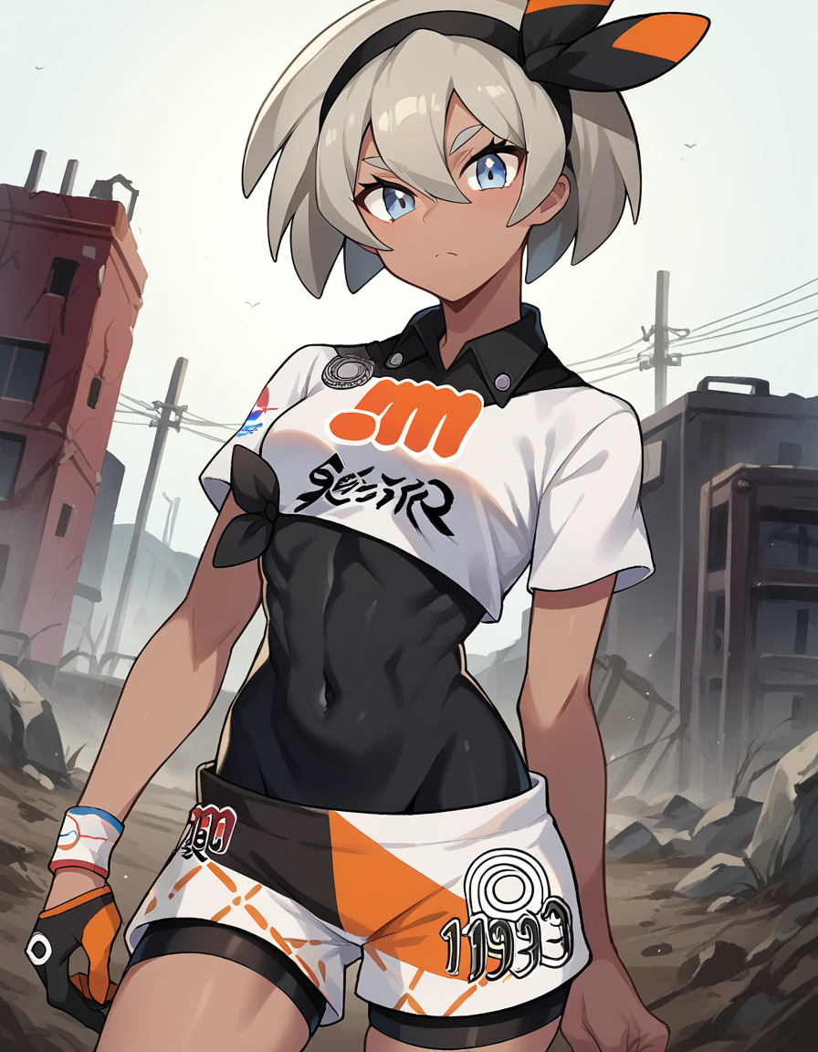 score_9, score_8_up, score_7_up, source_anime,
pokemonbea, <lora:pokemon-bea-ponyxl-lora-nochekaiser:1>
pokemonbea, blue eyes, dark skin, dark-skinned female, grey hair, hair between eyes, short hair, ribbon, hair ribbon, hairband, black ribbon, black hairband,
bodysuit, covered navel, shorts, single glove, glove, crop top, white shirt, short sleeves, collar, white shorts,
outdoors, wasteland,
looking at viewer, cowboy shot, dutch angle,