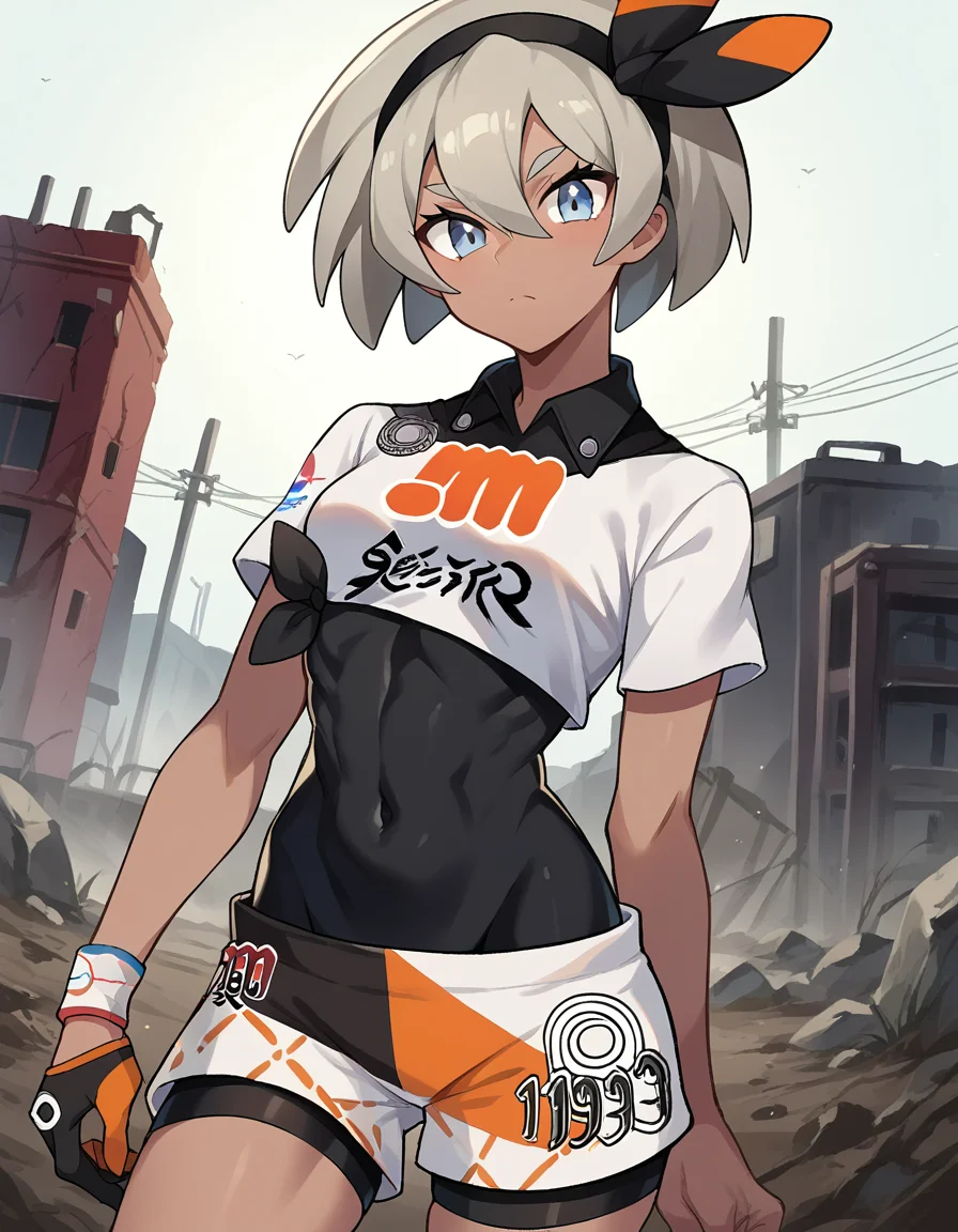 score_9, score_8_up, score_7_up, source_anime,
pokemonbea, <lora:pokemon-bea-ponyxl-lora-nochekaiser:1>
pokemonbea, blue eyes, dark skin, dark-skinned female, grey hair, hair between eyes, short hair, ribbon, hair ribbon, hairband, black ribbon, black hairband,
bodysuit, covered navel, shorts, single glove, glove, crop top, white shirt, short sleeves, collar, white shorts,
outdoors, wasteland,
looking at viewer, cowboy shot, dutch angle,