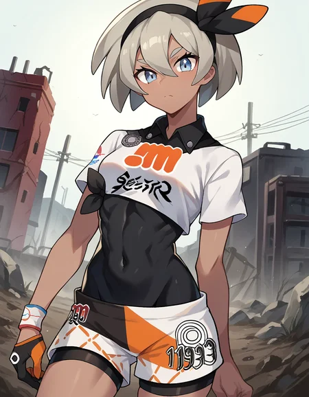 score_9, score_8_up, score_7_up, source_anime,
pokemonbea, <lora:pokemon-bea-ponyxl-lora-nochekaiser:1>
pokemonbea, blue eyes, dark skin, dark-skinned female, grey hair, hair between eyes, short hair, ribbon, hair ribbon, hairband, black ribbon, black hairband,
bodysuit, covered navel, shorts, single glove, glove, crop top, white shirt, short sleeves, collar, white shorts,
outdoors, wasteland,
looking at viewer, cowboy shot, dutch angle,