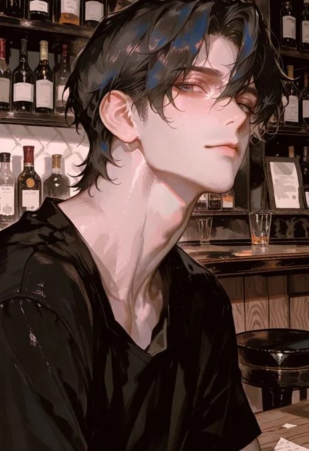 masterpiece, absurdres, newest, best quality, amazing quality, very aesthetic, {{1boy}}, black hair, handsome, detailed eyes, {{adult}}, (adult, 30 years old), chiseled jaw, toned body, light brown skin, masculine, black shirt, fully clothed, {{angular face}}, blue eyes, muted colors, {{handsome detailed face}}, semi-realistic, watercolor on paper, {{aesthetic}}, {{{best quality}}}, stunning, perfect body, looking at viewer, (stoic) \(expression\), {{wide angle}}, angular face, highly textured, upper body, in the bar, portrait, male focus, detailed background, (masterpiece, detailed), 96yottea, 748cmstyle, usnr,