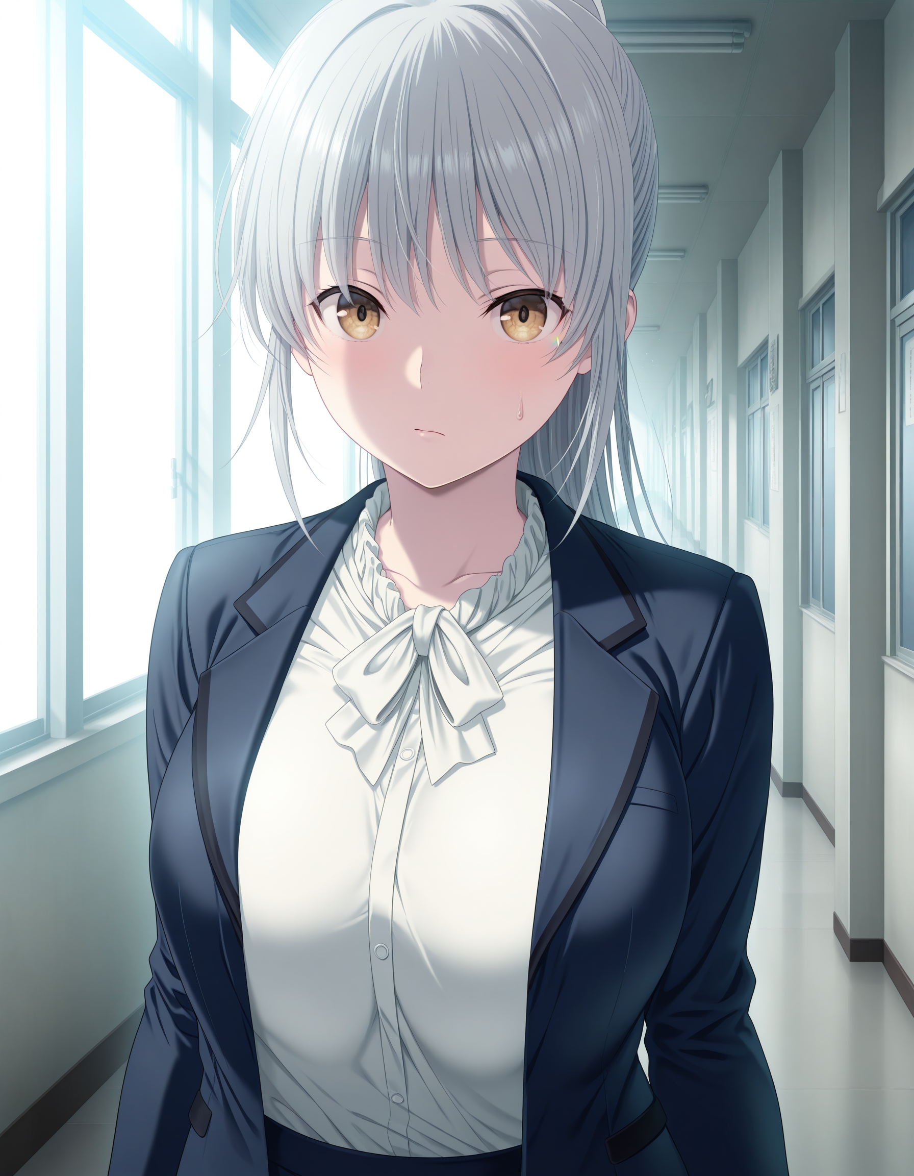 masterpiece, best quality, amazing quality, absurdres, extremely detailed, 1girl, solo, hakua_kct1, long hair, grey hair, ponytail, yellow eyes, large breasts, default_outfit, suit, blue jacket, shirt, white shirt, ascot, long sleeves, open jacket, upper body, looking at viewer, closed mouth, standing, indoors, school hallway, front view, arms at sides, <lora:Hakua-000008:1>