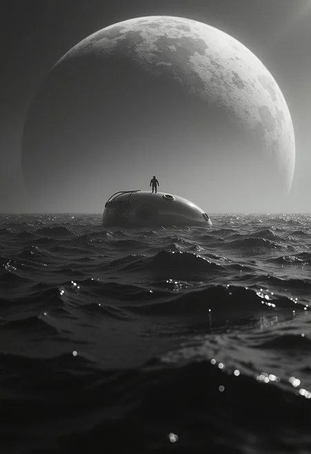 hyperdetailed ,Amidst an endless expanse of dark, churning water, a small, solitary lifepod floats,, A small astronaut standing on lifepod, dwarfed by the vastness of its surroundings. The lifepod’s reflective silver surface glimmers faintly in the dim light, emphasizing its delicate, fragile presence in the face of this boundless ocean. A hazy, colossal planet looms far above in the sky, its massive shadow casting an eerie twilight over the scene. No land or other object breaks the monotony of water, enhancing the profound sense of isolation. The distant horizon blurs into the dark sky, conveying the overwhelming magnitude of the open water, evoking deep megalophobia as the pod drifts, small and insignificant in the face of this endless aquatic expanse., black and white