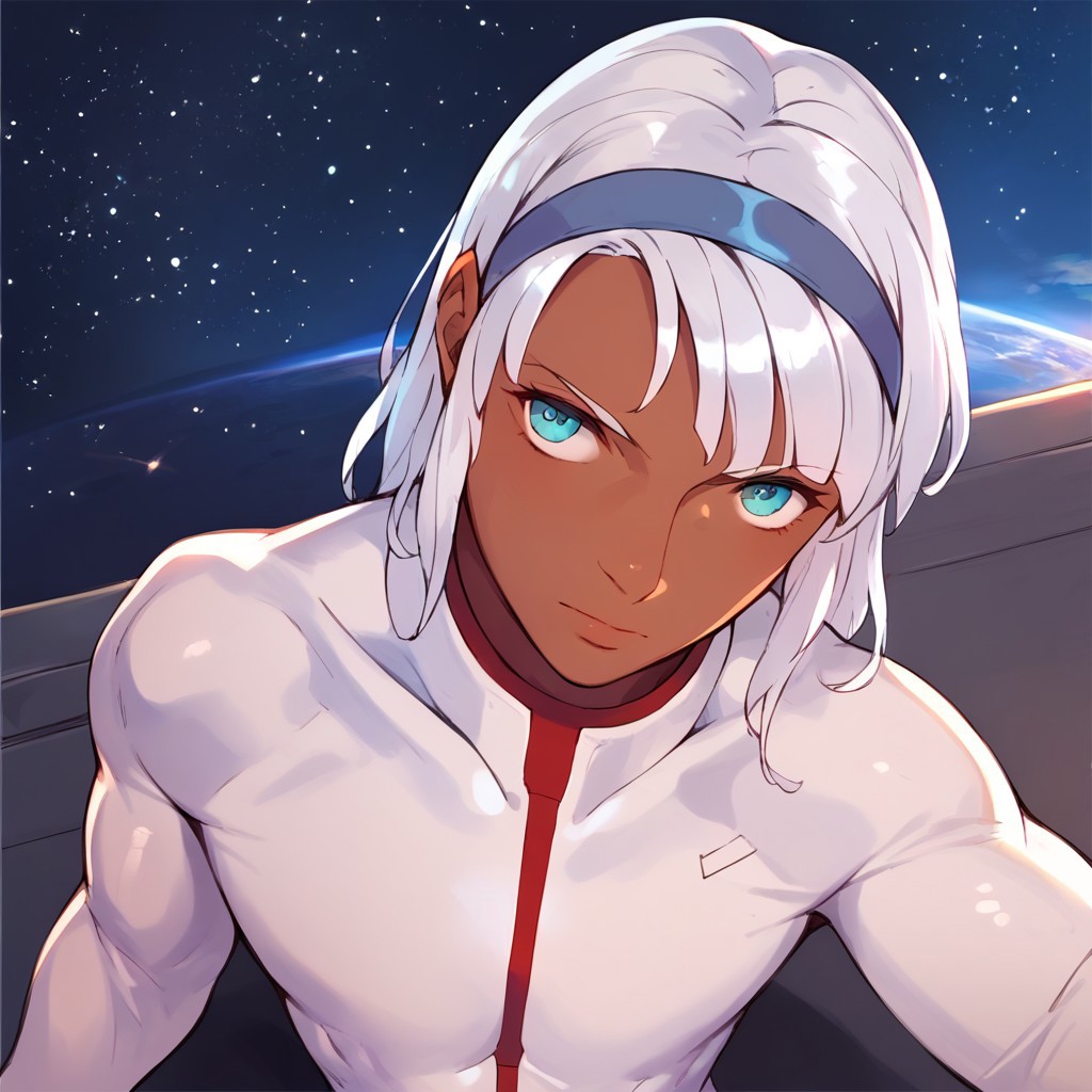 by laserflip, score_9, score_8_up, score_7_up, 1boy, femboy, loran, loran cehack, loran gundam, dark skin, white hair, blue eyes, white hairband, toned, white bodysuit, space, space station, dynamic angle, solo, solo focus,