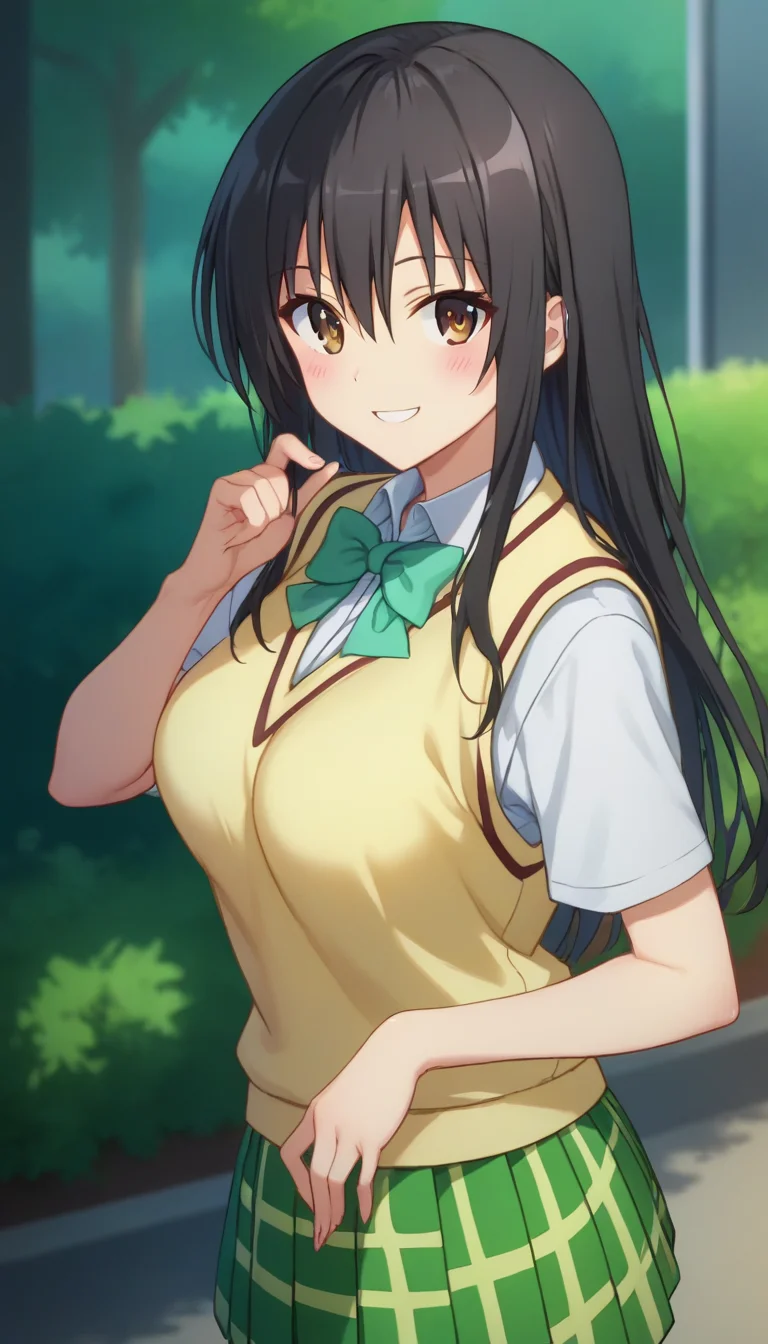 score_9,score_8_up,score_7_up,score_6_up BREAK official art,solo,outdoors,upper body,(portrait:1.5),looking at viewer,facing viewer,smile,blush,Kotegawa Yui,long hair,black hair,sidelocks,hair between eyes,bangs,brown eyes,school uniform,sweater vest,yellow vest,white shirt,collared shirt,green bowtie,short sleeves,medium breasts,miniskirt,green skirt,plaid skirt,pleated skirt,black socks,loafers,<lora:Kotegawa Yui(tlr)-Pony:1.6>,