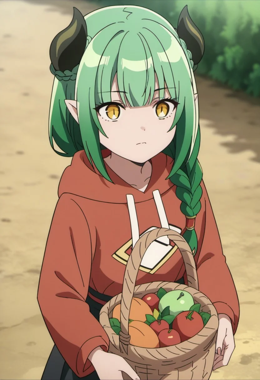 score_9, score_8_up, score_7_up, source_anime, valefor, green hair, long hair, yellow eyes, braid, demon horns, 1girl, basket, horns, solo, hood, pointy ears, holding basket, red hoodie, closed mouth, holding, hood down, long sleeves