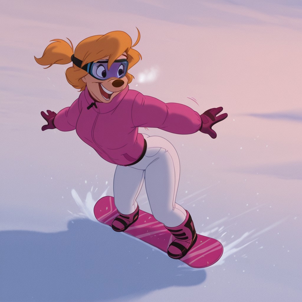 DisneyRenstyle, DISNEY_ANIMATION,
masterpiece, best quality hyper-realistic, ultra-HD, cinematic ambiance, soft light, BREAK, 1girl, A Goofy Movie style, Goof Troop, toony, outdoors, winter, snow, sunny, anthro, furry female, blonde hair, short ponytail, bangs, low ponytail, small circle nose, slender waist, wide hips, short torso, medium breasts, short legs, curvy legs, thick calves, petite butt, hourglass figure, ((pink winter coat, snowboard boots, white snow pants, athletic butt, ski helmet, ski goggles on eyes, ski gloves)), BREAK, extreme snowboarding, feet strapped to snowboard, feet apart, jumping, flying snow, steep ski slope, laughing, speed lines, motion lines moving fast,