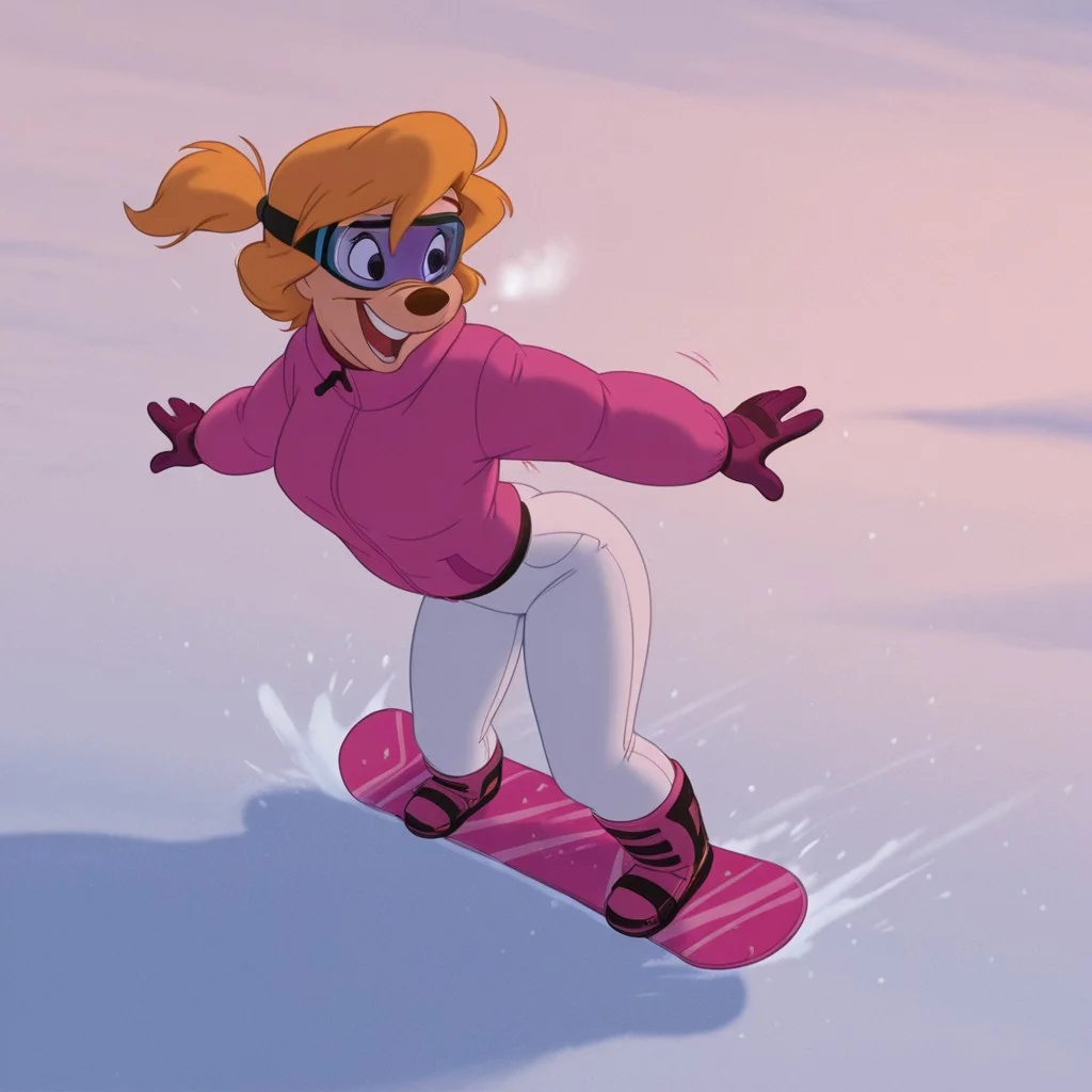 DisneyRenstyle, DISNEY_ANIMATION,
masterpiece, best quality hyper-realistic, ultra-HD, cinematic ambiance, soft light, BREAK, 1girl, A Goofy Movie style, Goof Troop, toony, outdoors, winter, snow, sunny, anthro, furry female, blonde hair, short ponytail, bangs, low ponytail, small circle nose, slender waist, wide hips, short torso, medium breasts, short legs, curvy legs, thick calves, petite butt, hourglass figure, ((pink winter coat, snowboard boots, white snow pants, athletic butt, ski helmet, ski goggles on eyes, ski gloves)), BREAK, extreme snowboarding, feet strapped to snowboard, feet apart, jumping, flying snow, steep ski slope, laughing, speed lines, motion lines moving fast,