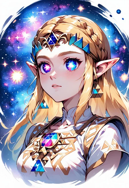 source_anime, colorful, score_9, score_8_up, score_8, (masterpiece), eyedetailxl, bettereyes, detailed_eyes, upper_body, bust, BREAK, 1girl, Princess Zelda, multicolored_eyes, (galaxy eyes:1.2), galaxy_eyes, bright_pupils, (white background)